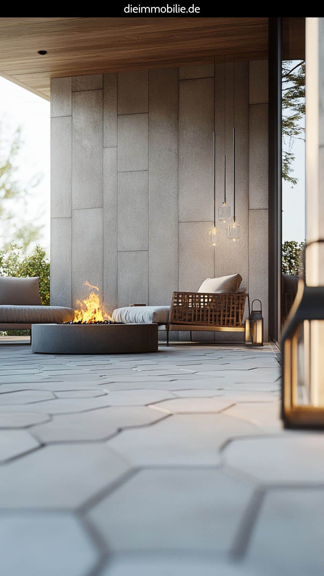 chice-terrasse-graue-hexagonfliesen Chice Terrasse mit grauen Hexagonfliesen