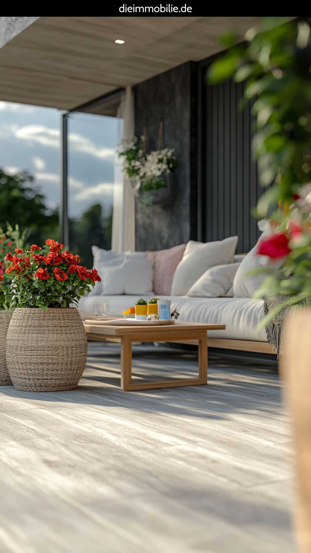 entspannungs-oase-terrasse-graue-holzoptik-fliesen Terrasse mit grauen Fliesen in Holzoptik