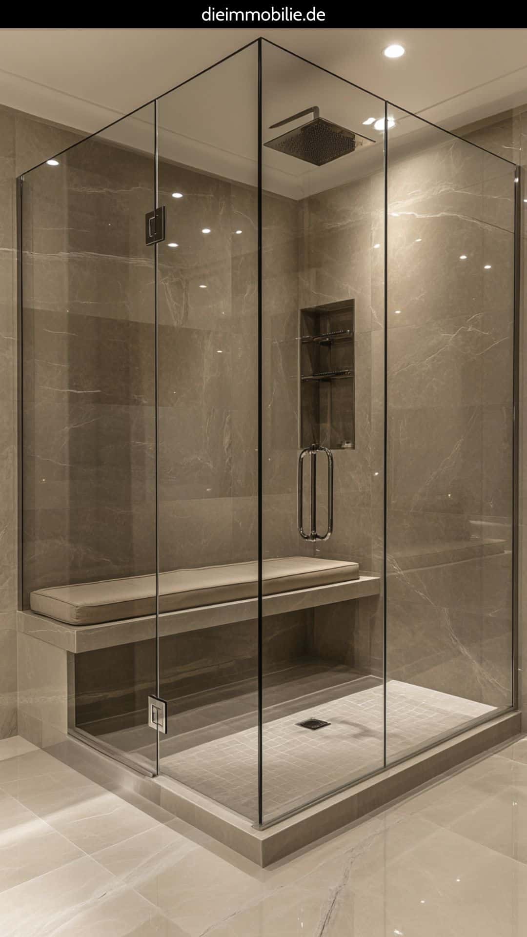 Luxuriöse Walk-In Dusche mit integrierter Sitzbank