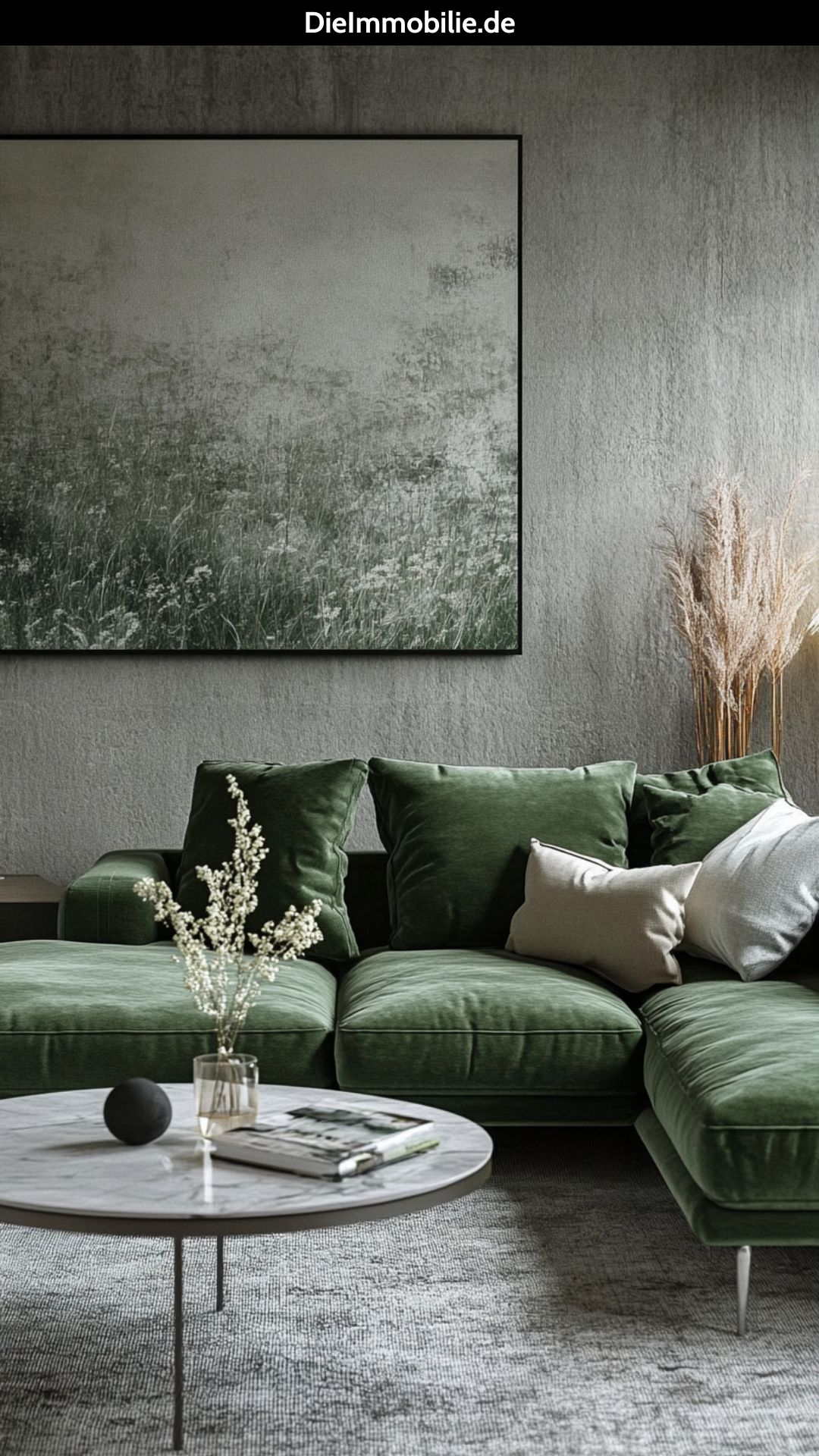 gruenes-wohnzimmer-grasgruen-samt-accessoires-modern Grünes Wohnzimmer mit dunkelgrünem Sofa als Hingucker