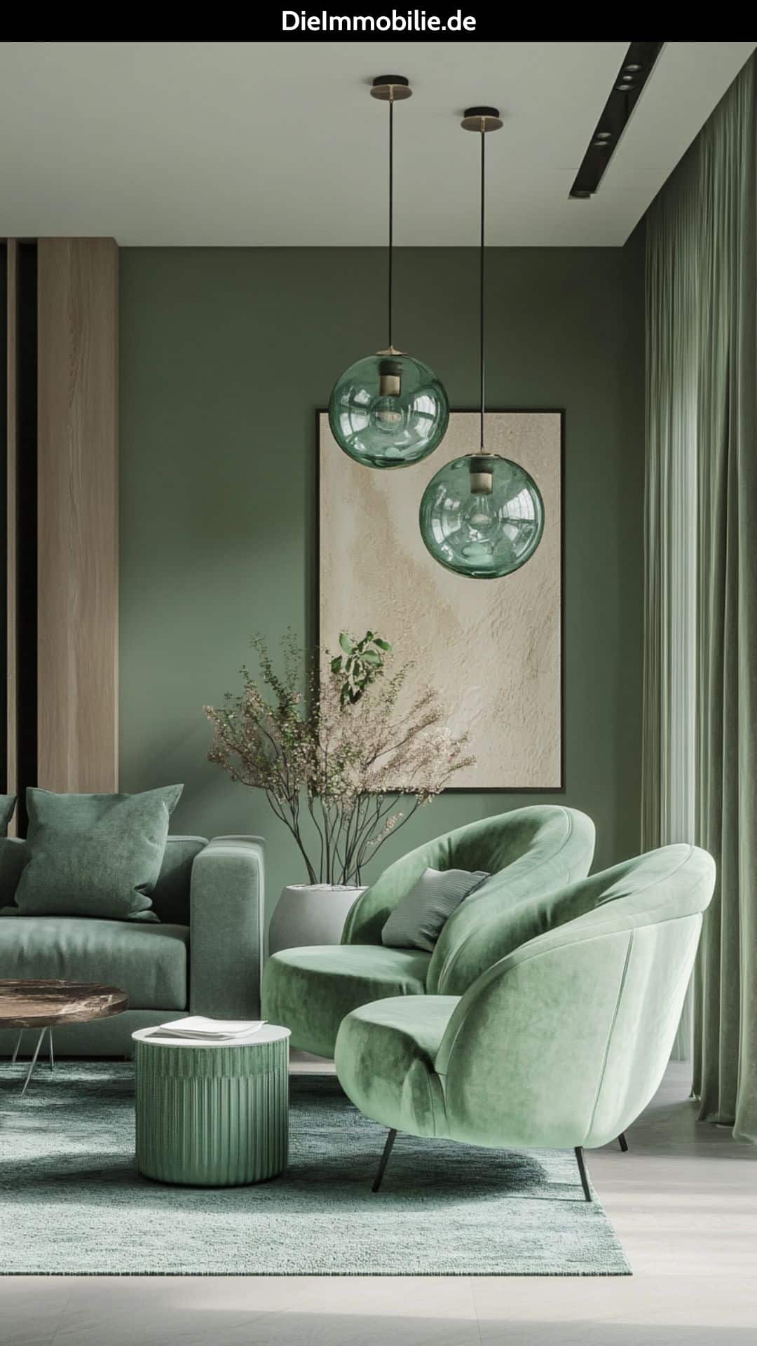 gruenes-wohnzimmer-mintgruen-pendelleuchte-modern Grünes Wohnzimmer mit einer Pendelleuchte in Mintgrün