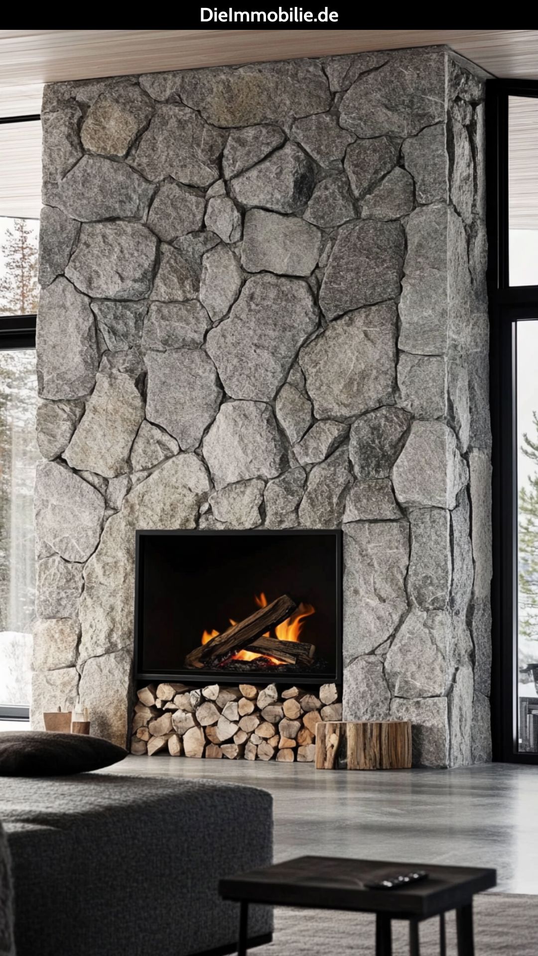 kamin-natursteinwand-wohnzimmer-warme-toene Gemütlicher Kamin mit Sandsteinwand im Wohnzimmer.