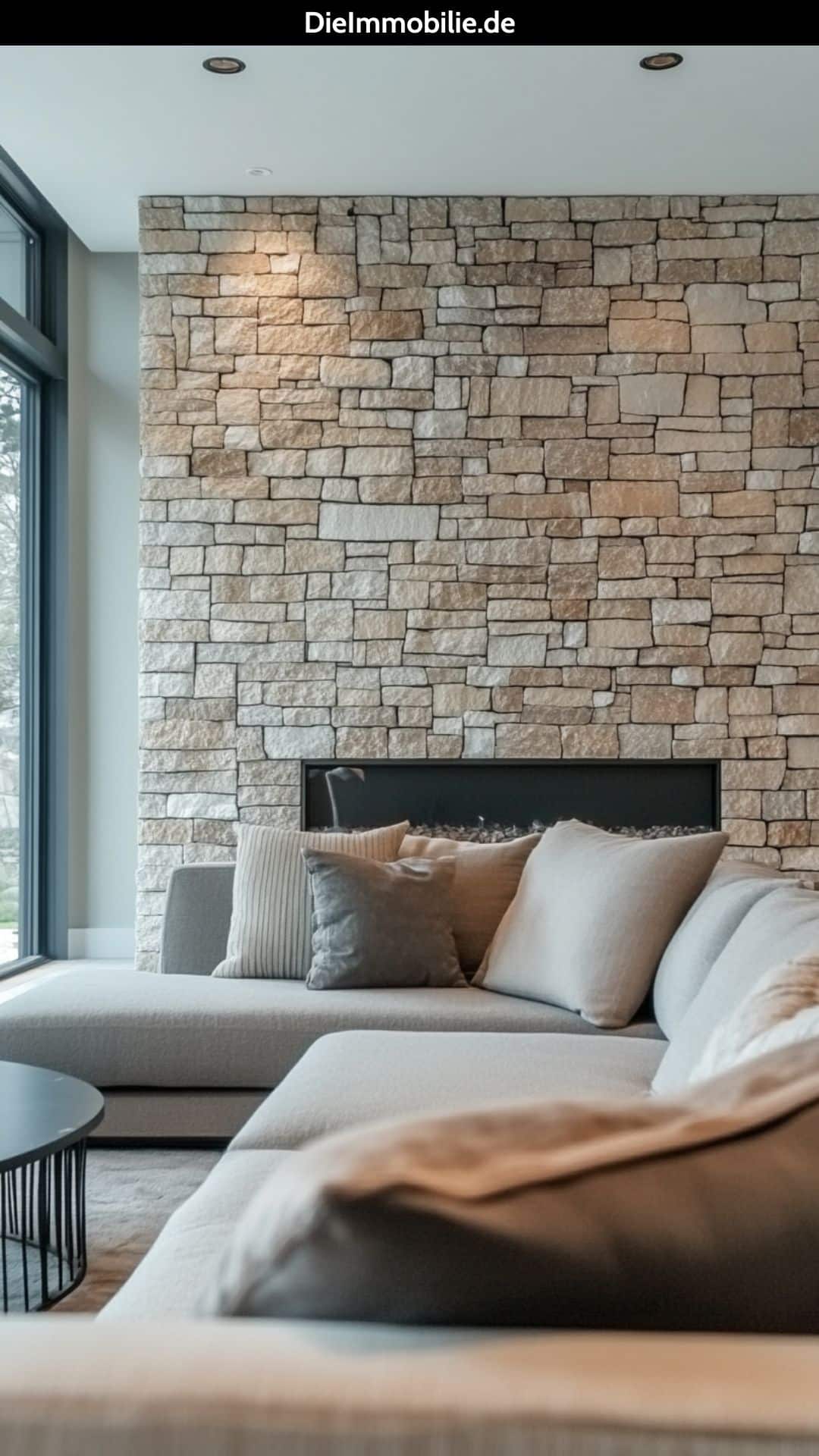 warme-erdtoene-steinwand-wohnzimmer-wohnen Gemütliche Steinwand mit warmen Erdtönen im Wohnzimmer.